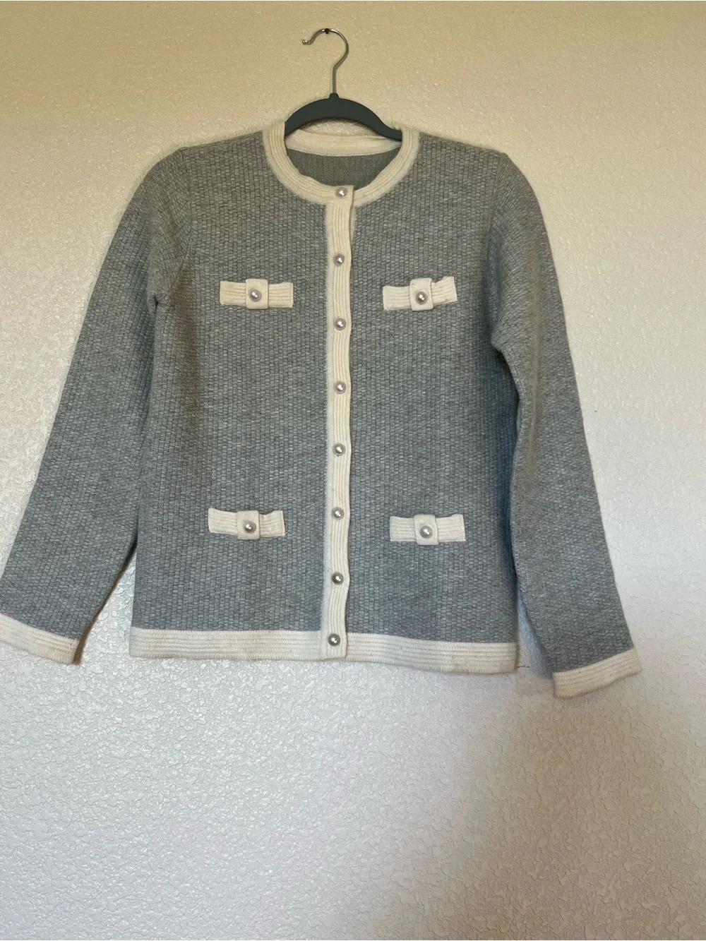 Classic Gray & Cream Button-Front Women's Cardigan Sweater